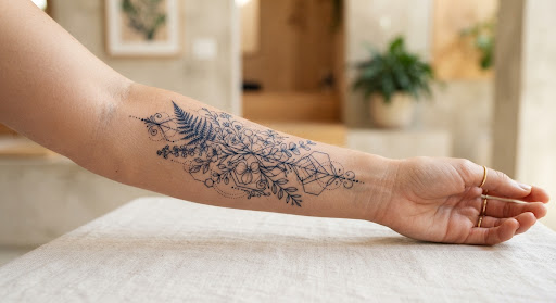 Jarah dekat lengan yang menampilkan tato sementara tinta Genipa floral botani dan garis halus yang rumit, garis tajam dengan tekstur kulit alami yang lembut.